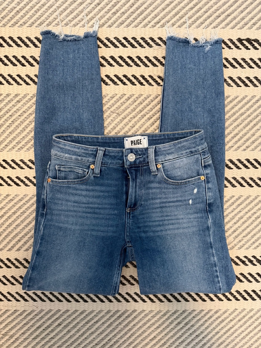 PAIGE Blue Frayed Hem High-Rise Skinny Jeans